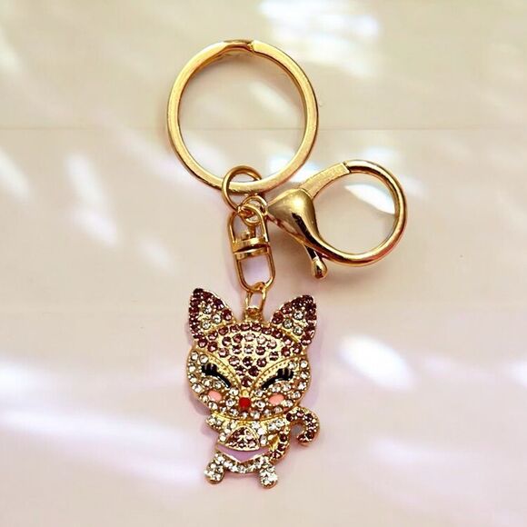 ⭐️3/$25⭐️ Purple Rhinestone Cat Gold Tone Key Chain Bag Charm - Picture 1 of 2